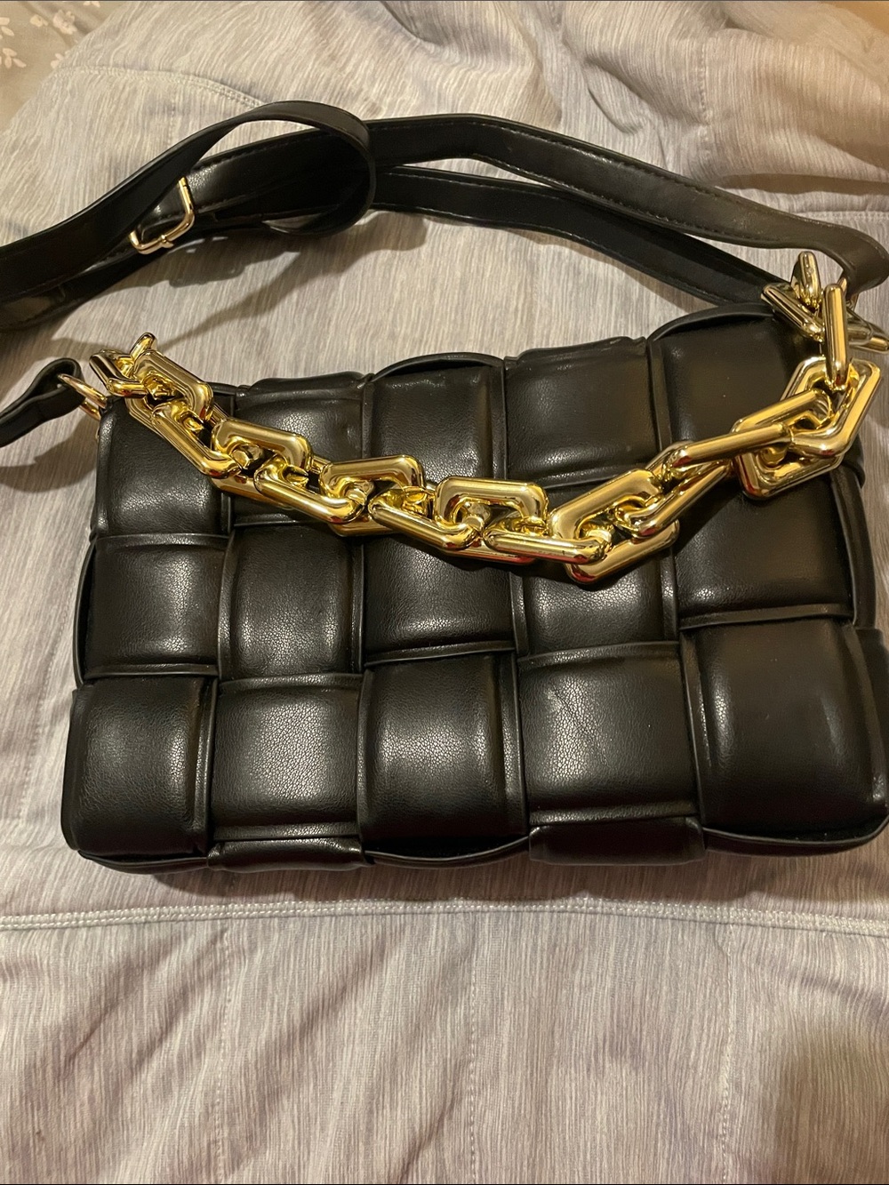 Black Woven Shoulder Bag with Bold Gold Chain